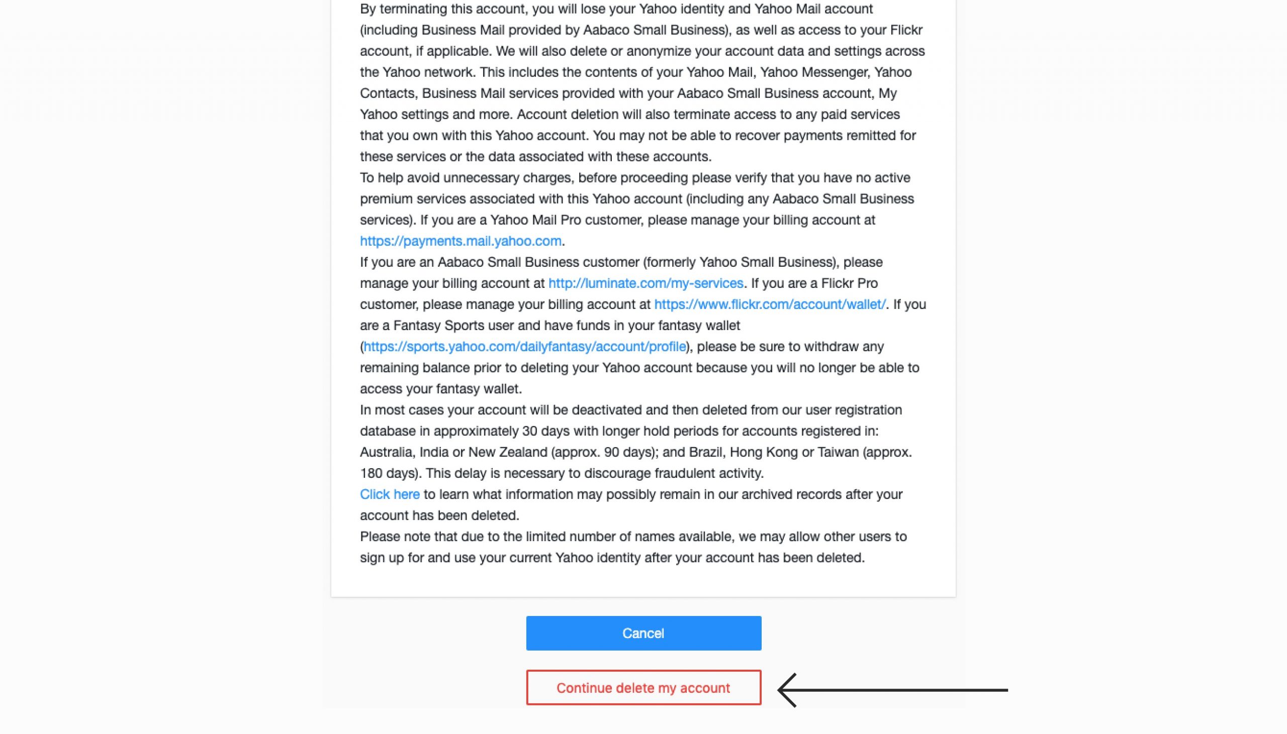 Passaggio 1 per eliminazione Yahoo Mail