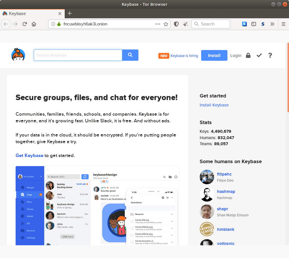 Homepage Onion di Keybase.