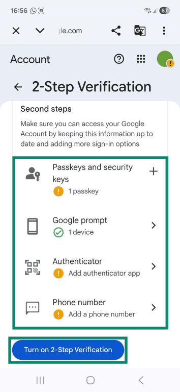 The "2-Step Verification" page for a Google account linked to an Android phone. The two-factor authentication options and the "Turn on 2-Step Verification" button are highlighted.