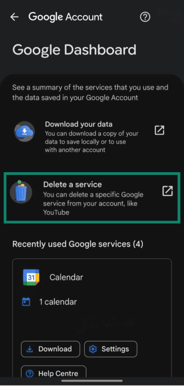 Delete a service option in Google Account options.