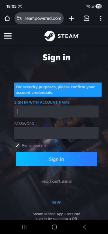 Steam login page accessed through the Steam Android app.