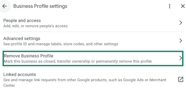 The "Remove Business Profile" option under the Google Business Profile settings.