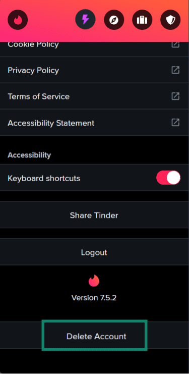 The Tinder desktop settings menu, scrolled all the way down to highlight the Delete Account option.