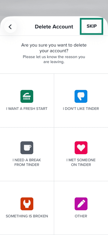 The iOS Tinder account deletion questionnaire asking why you're leaving.