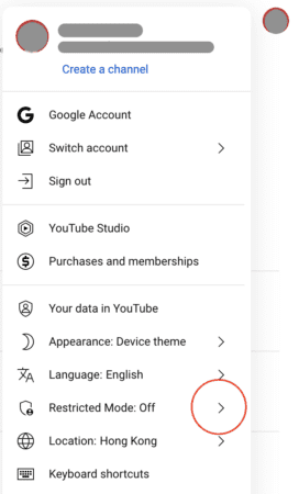 YouTube Restricted Mode toggle screenshot.