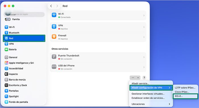 MacOS Network settings, showing a highlighted "Add VPN Configuration" option and the IKEv2 protocol option.