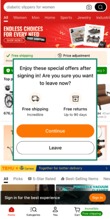 Temu app pop-up offering free shipping and returns to discourage users from leaving