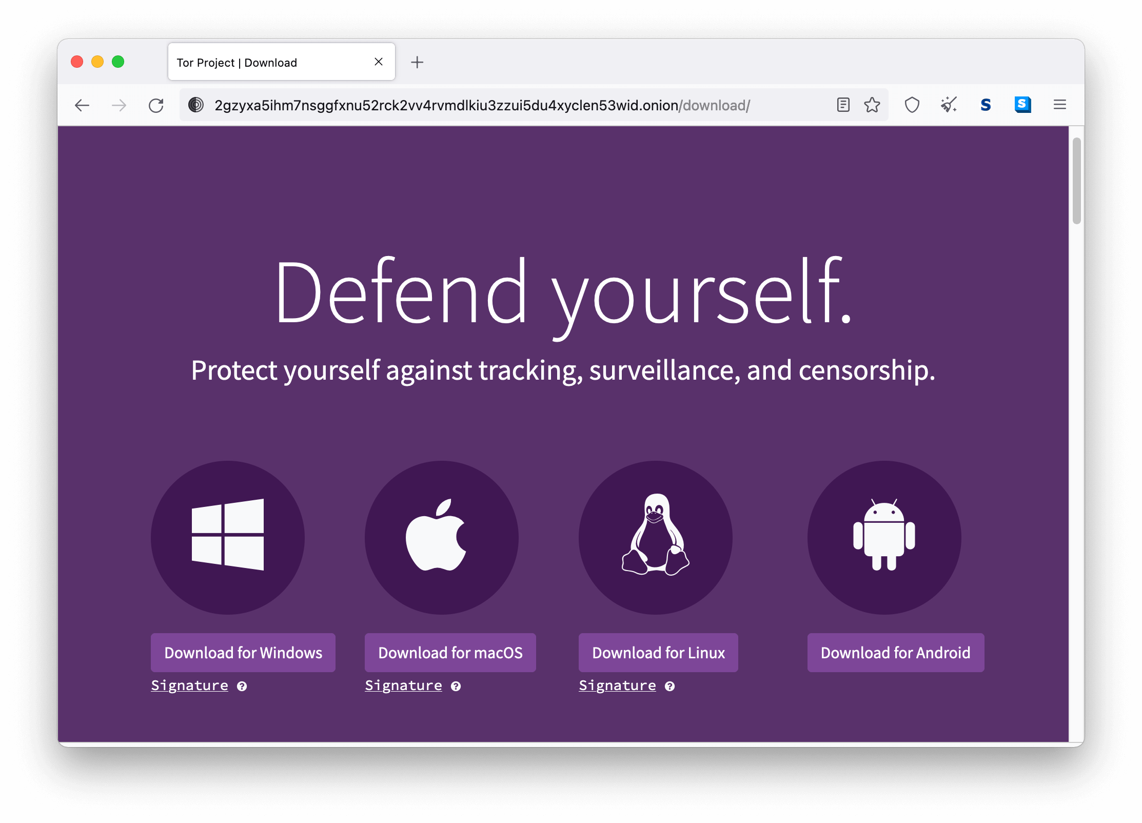 La página de la cebolla Tor Project, vista a través del navegador Tor.