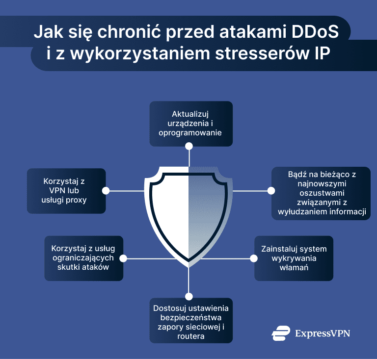 Infographic showing steps to protect yourself from DDoS and IP stresser attacks.