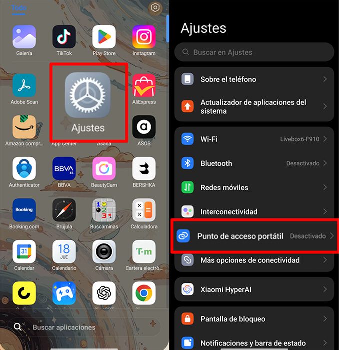 Android home screen highlighting Settings app and Connection and sharing option in the settings menu.