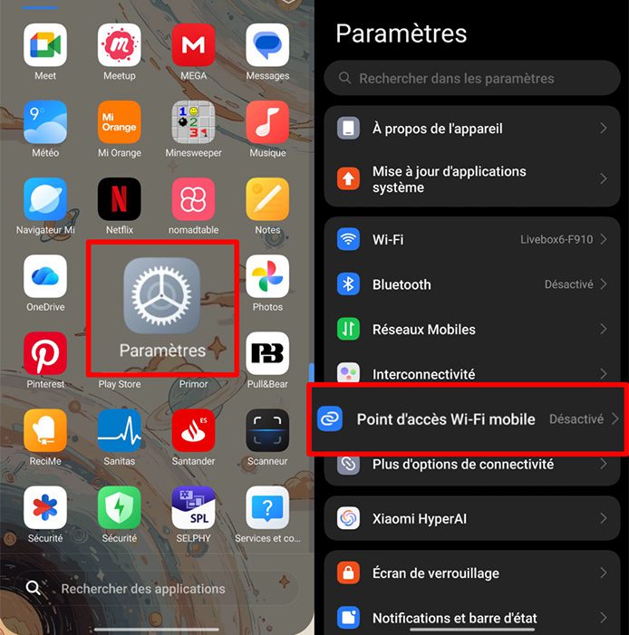 Android home screen highlighting Settings app and Connection and sharing option in the settings menu.