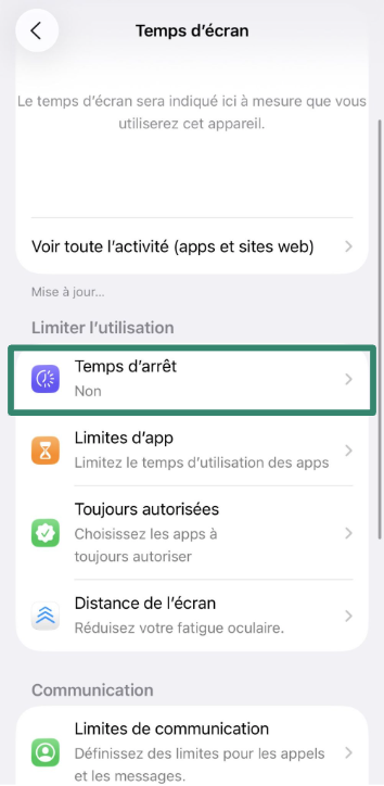 iOS screen showing Downtime option in Screen Time.