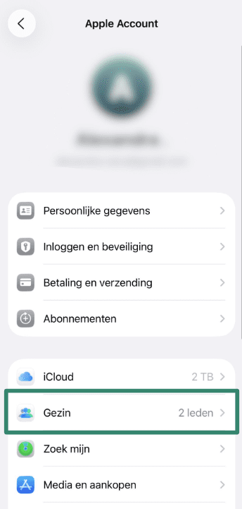 Family menu option shown under Apple ID in iPhone Settings.