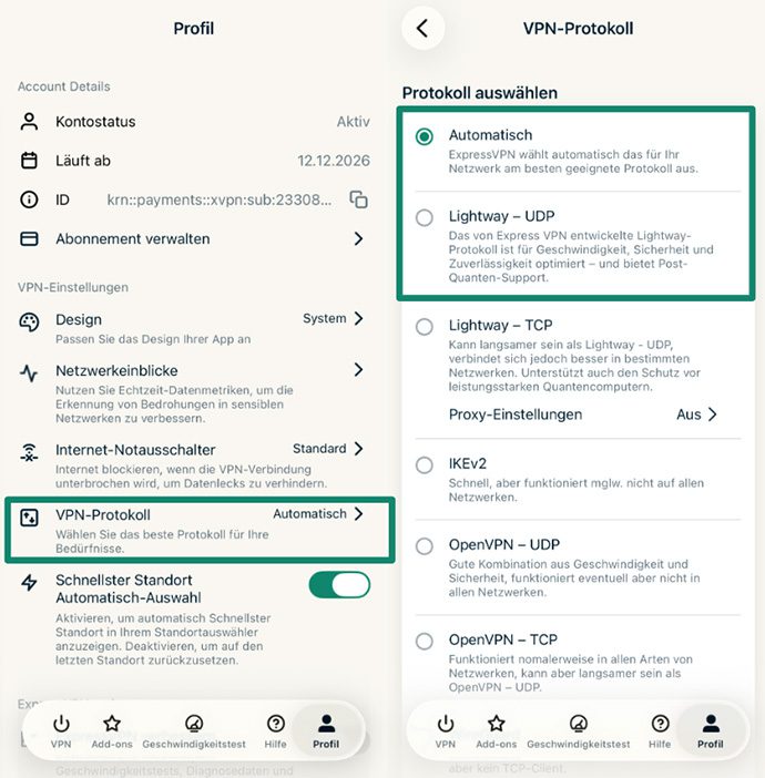On the left: ExpressVPN profile settings showing account status, VPN protocol, and account actions; on the right: VPN Protocol settings screen with Automatic selected and Lightway protocol options displayed.