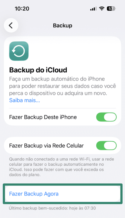 iCloud Backup section in iPhone settings with "Back Up Now" button highlighted.