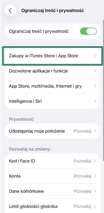 iOS screen showing iTunes & App Store Purchases option.