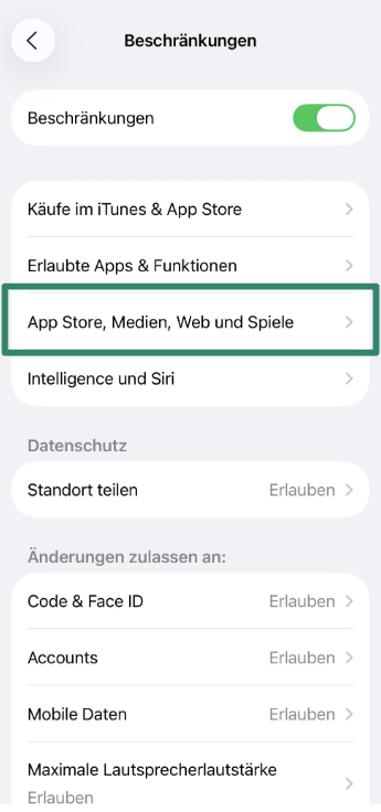 App Store and media restrictions in iPhone parental controls.
