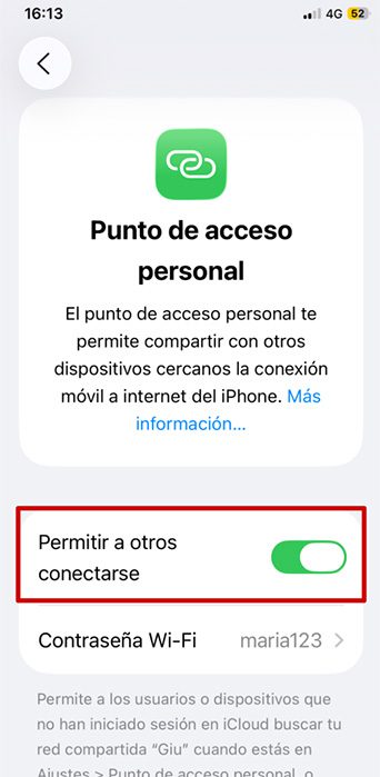 iPhone Personal Hotspot settings screen with Allow Others to Join toggle enabled.