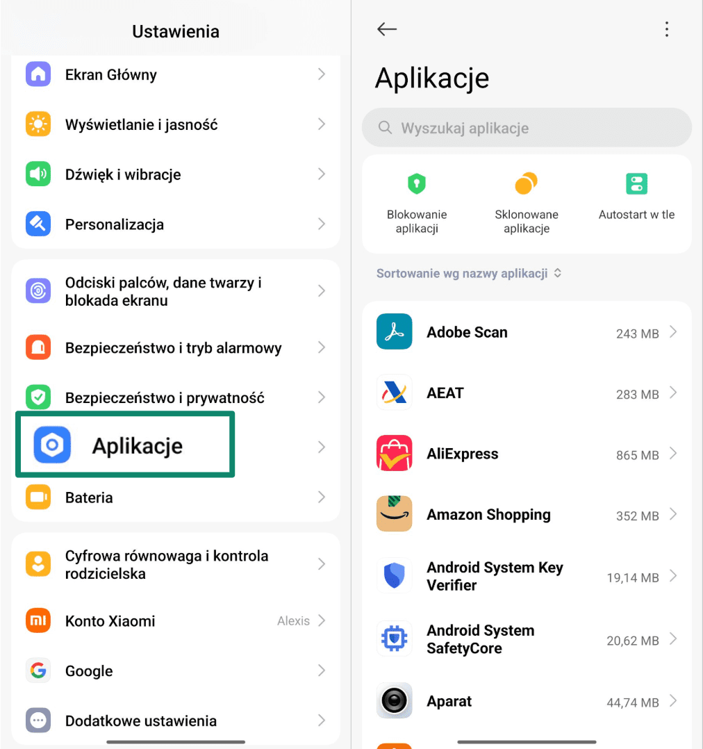 Android Settings screen highlighting the Apps menu option.