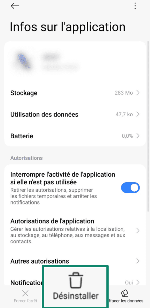 Two side-by-side screenshots of the Android settings. The left screenshot highlights the “Manage apps” option. The right screenshot shows a suspicious app selected and the “Uninstall” button highlighted.