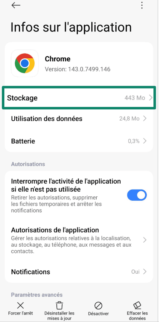 App info screen for Chrome on Android with Storage option highlighted.