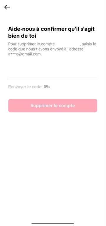 Screenshot of TikTok asking for email verification before confirming account deletion