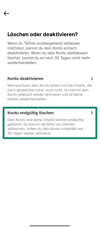 Screenshot showing how to start deleting your TikTok account on a mobile device