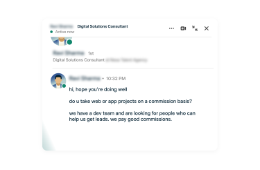 Example of a LinkedIn outsourcing scam message with vague promises and poor grammar—typical signs of a scam.