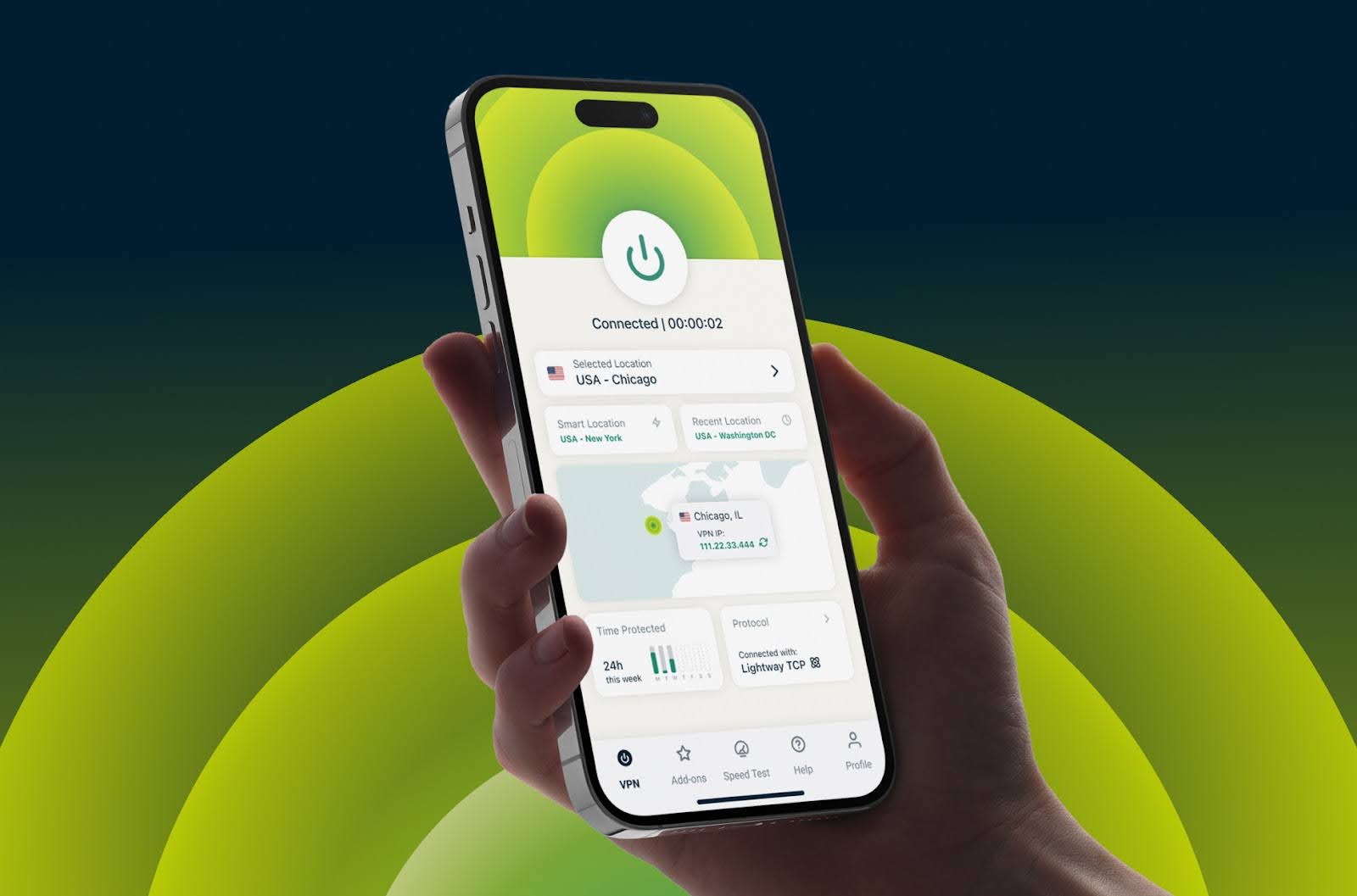 Image showing new ExpressVPN app design against green forcefield background. 