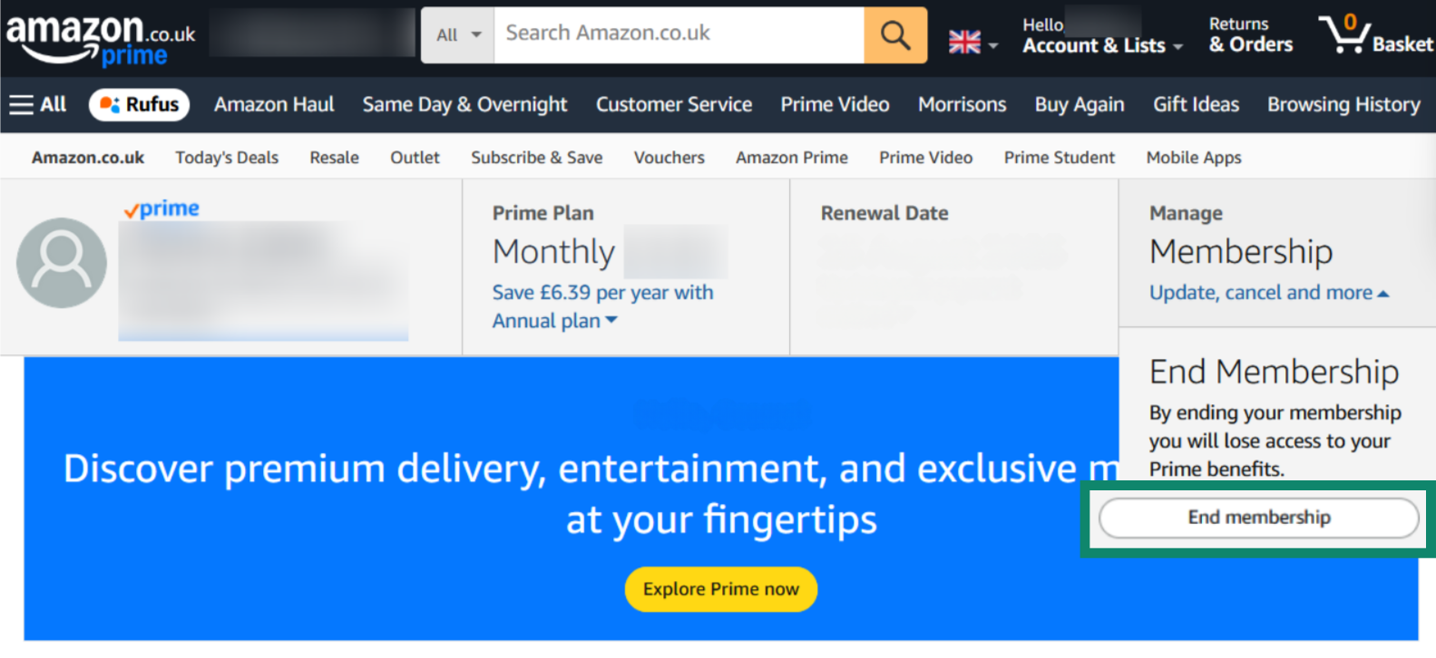 Starting Prime membership cancellation on Amazon website.
