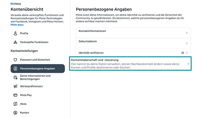 Facebook Accounts Centre Personal details tab with Account ownership and control highlighted.