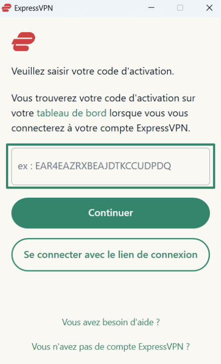 Logging into ExpressVPN on Windows using activation code.