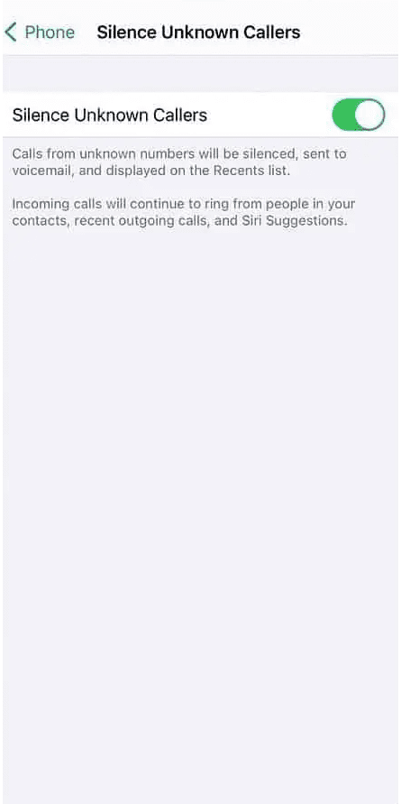 The “Silence Unknown Callers” toggle switch is on in iPhone settings.