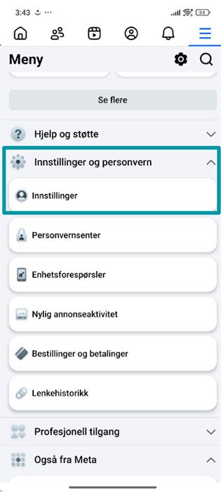 Facebook Android app Menu with Settings & privacy and Settings highlighted.