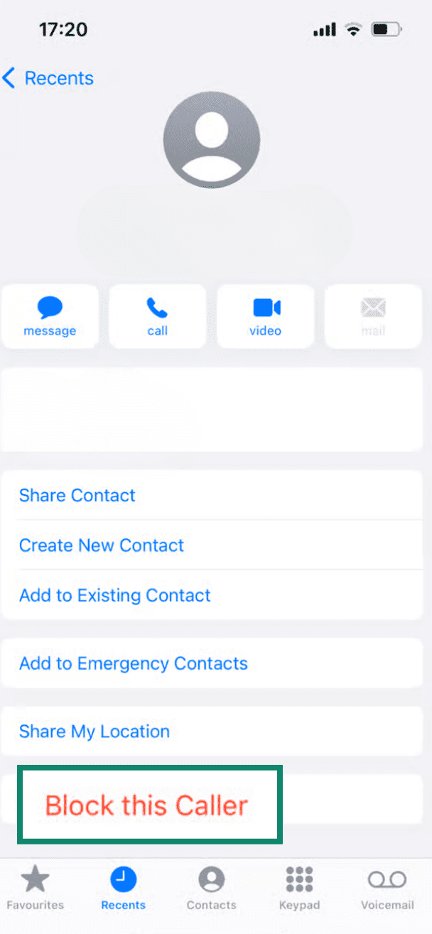 iPhone contact options with the “Block this Caller” button highlighted.