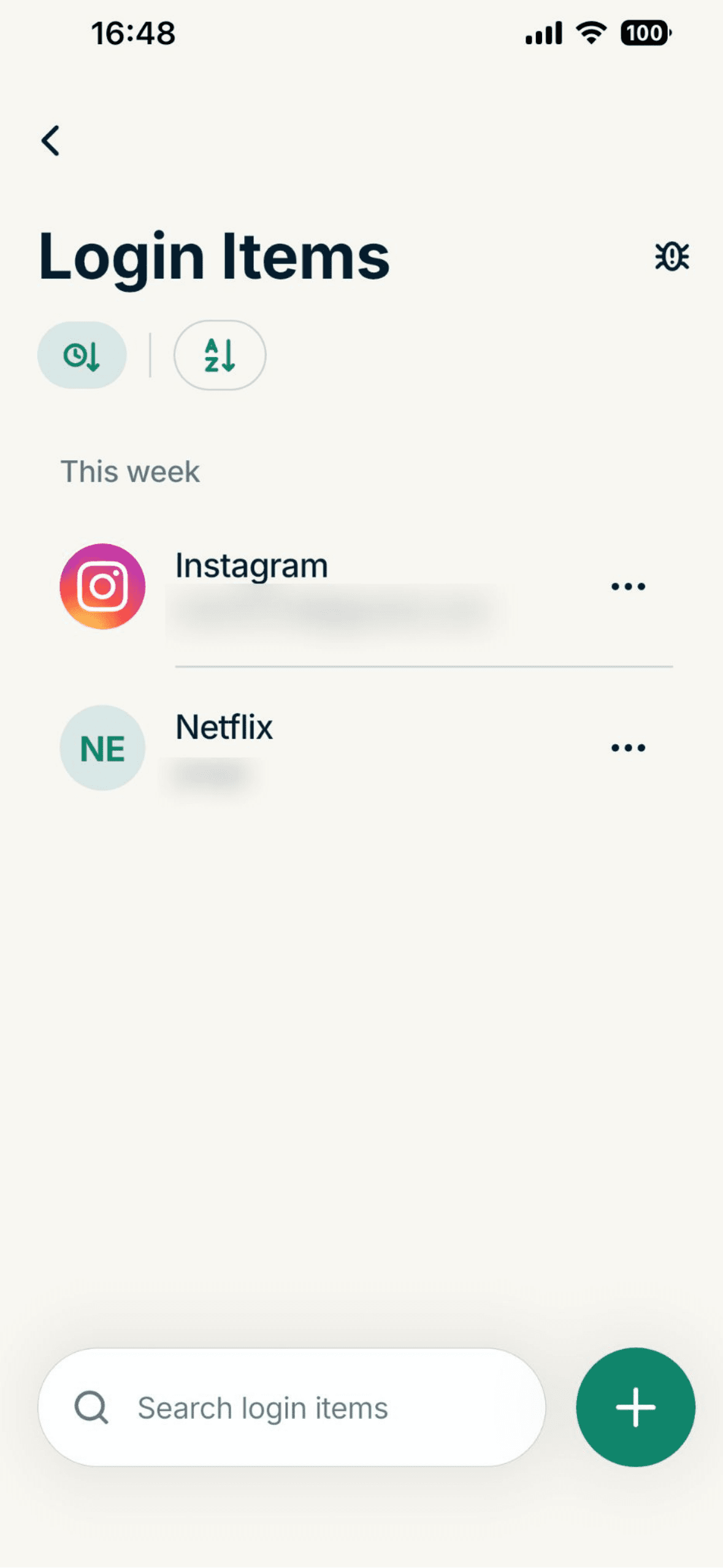 The Login Items list in ExpressKeys on iOS.