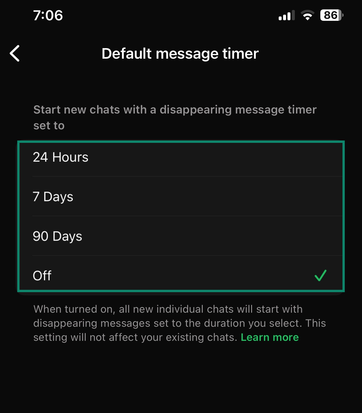 WhatsApp default message timer settings screen with different message expiry periods highlighted.