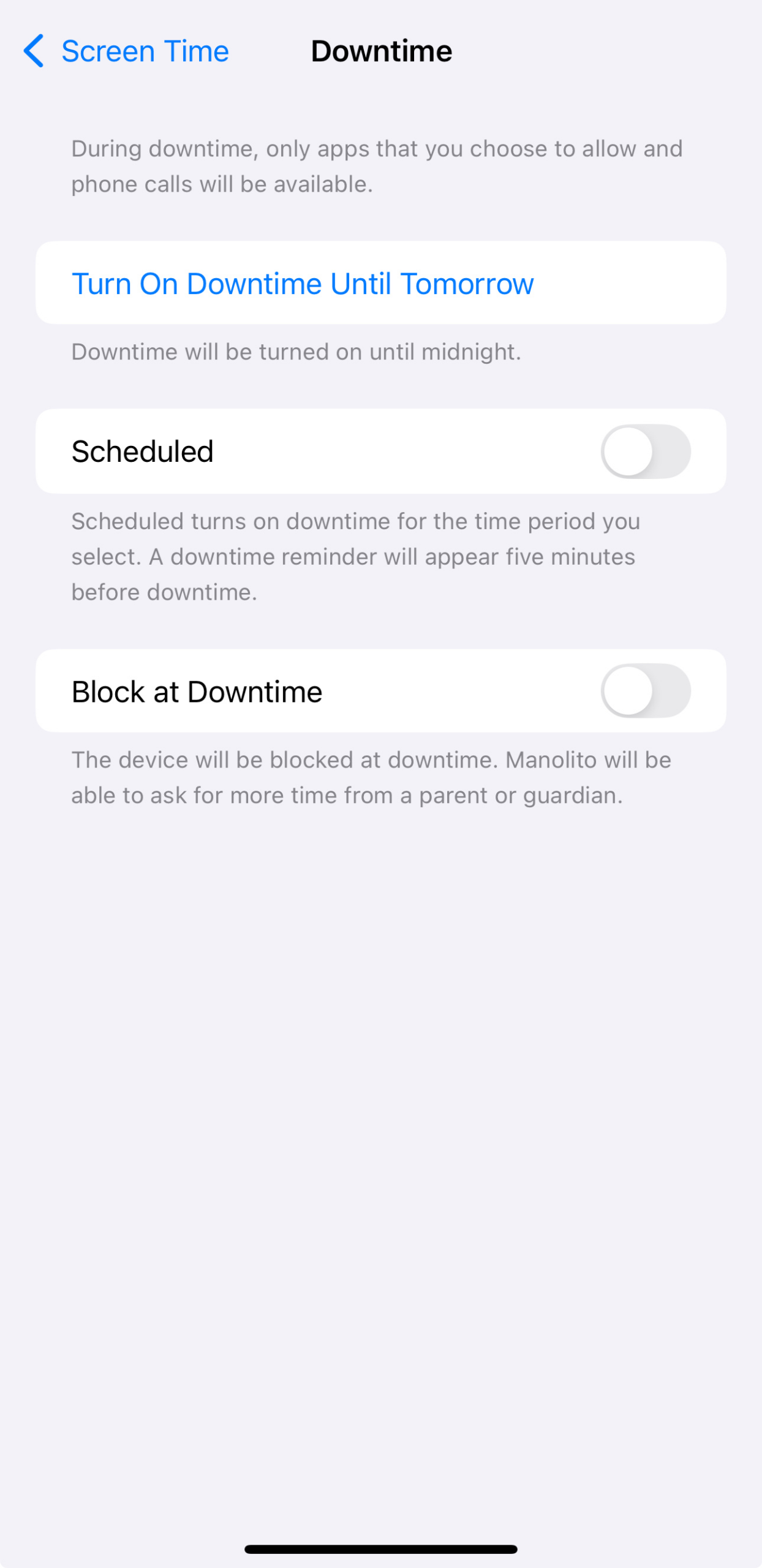 Scheduled Downtime setup screen with start and end times