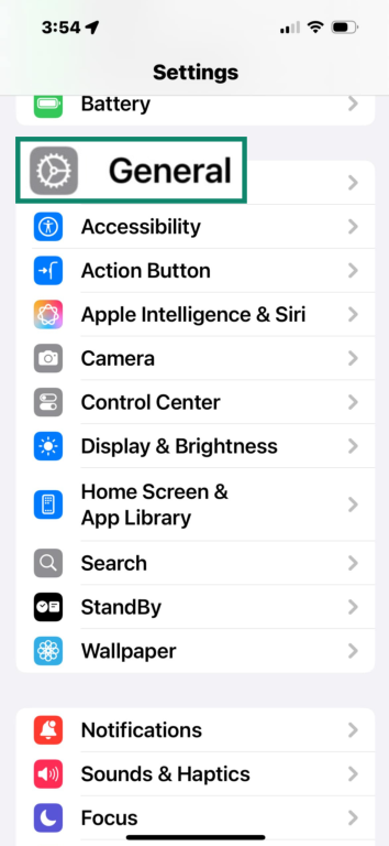 iPhone settings menu with General settings highlighted.