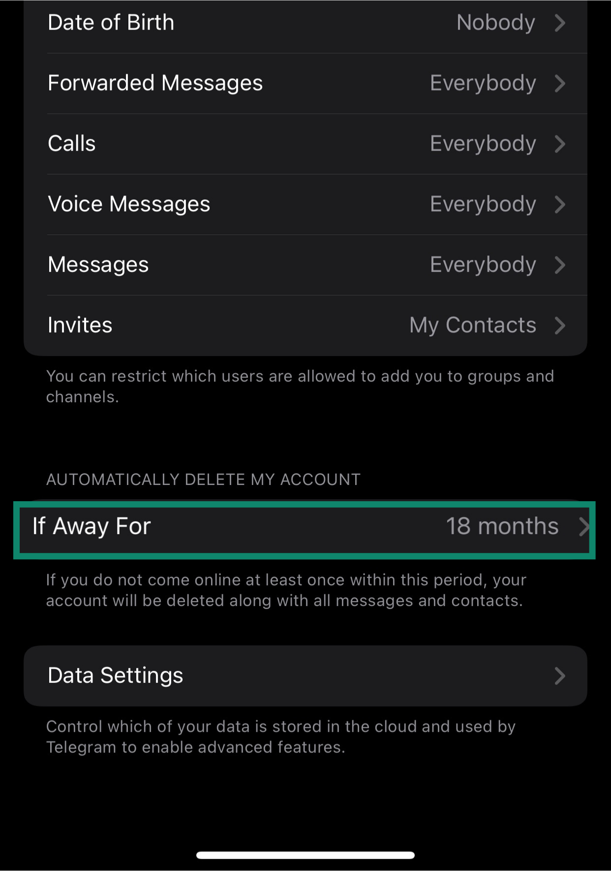 The Telegram "If Away For" button on iPhone.