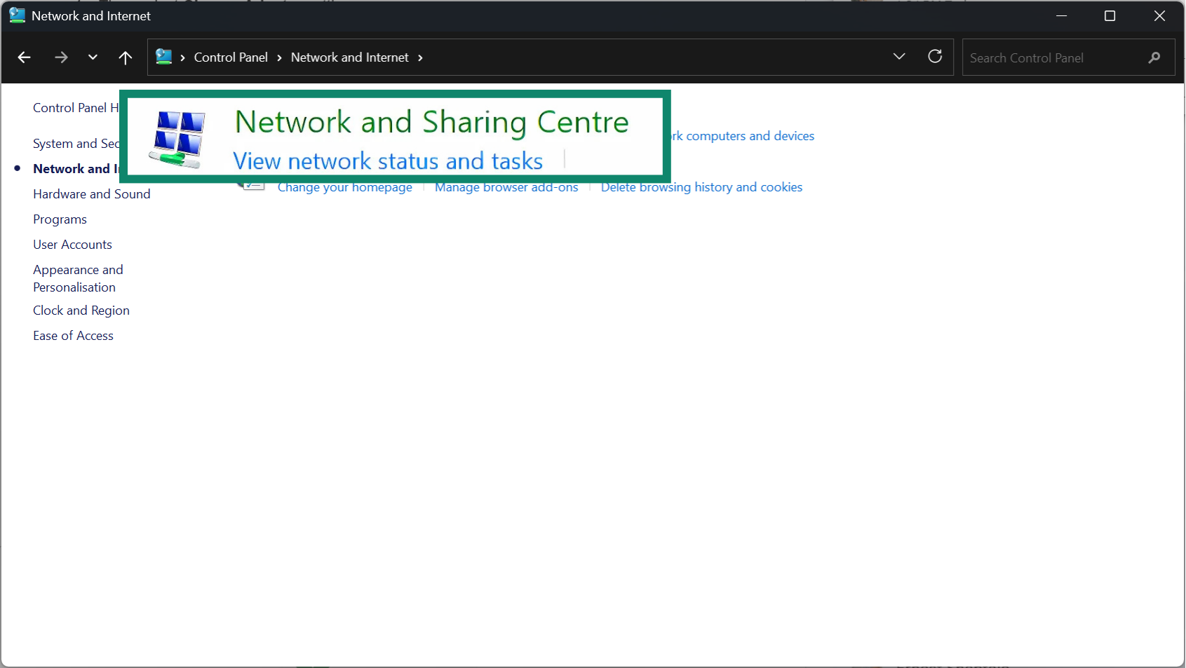 In the Network and Internet menu, click on the Network and Sharing Center option.
