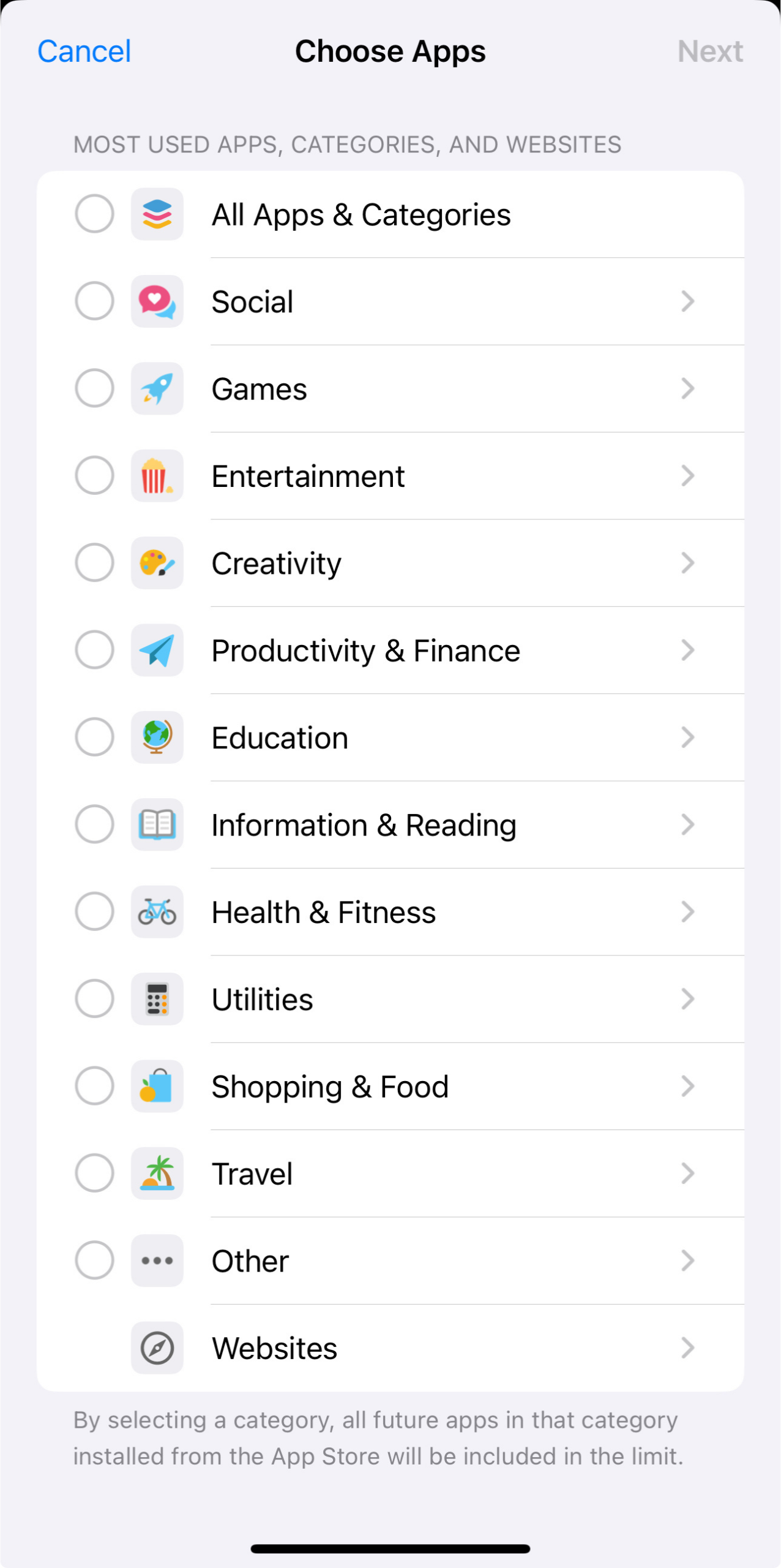 App category selection screen for setting daily limits