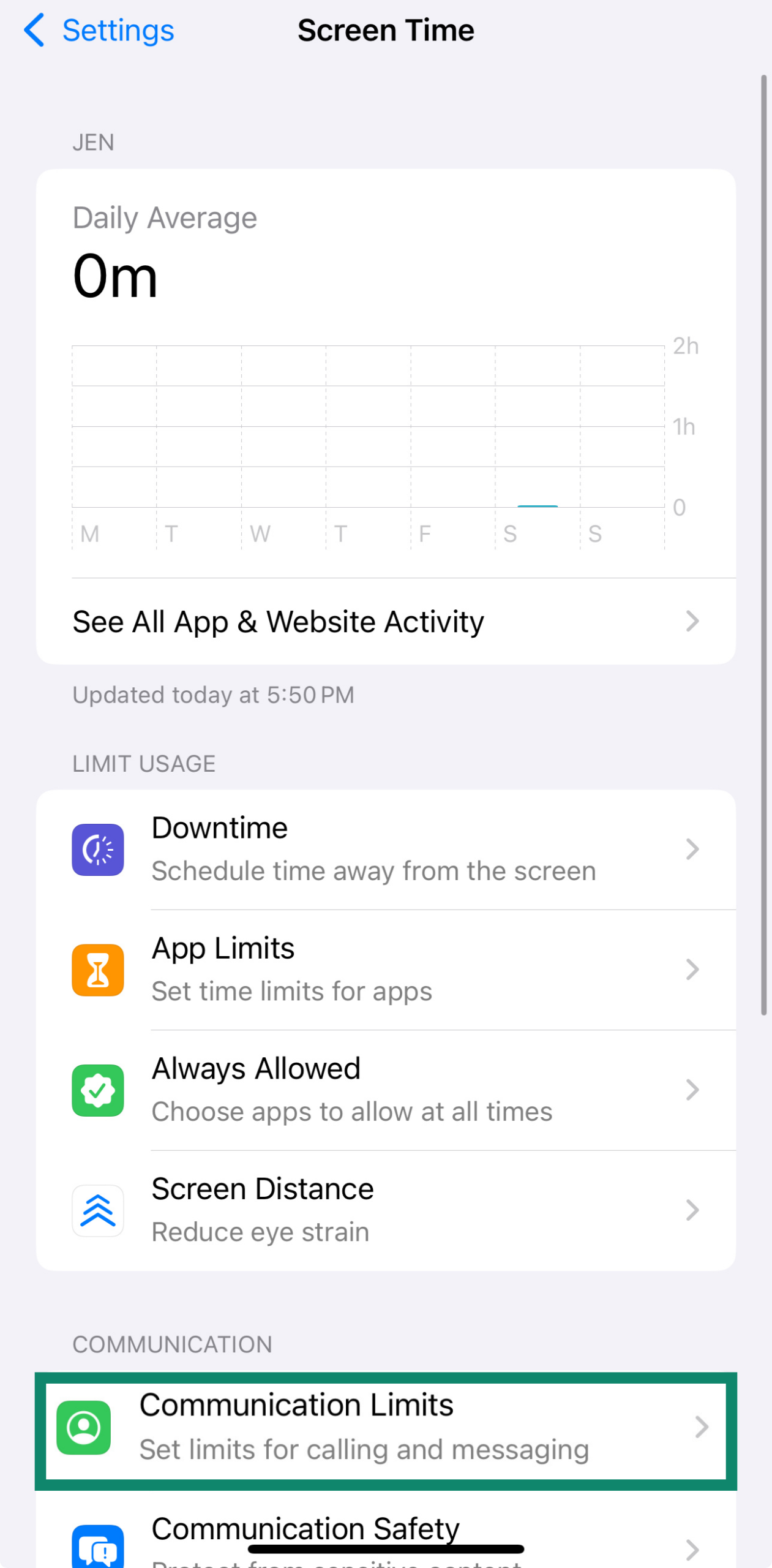 Communication Limits settings for child’s iPhone account