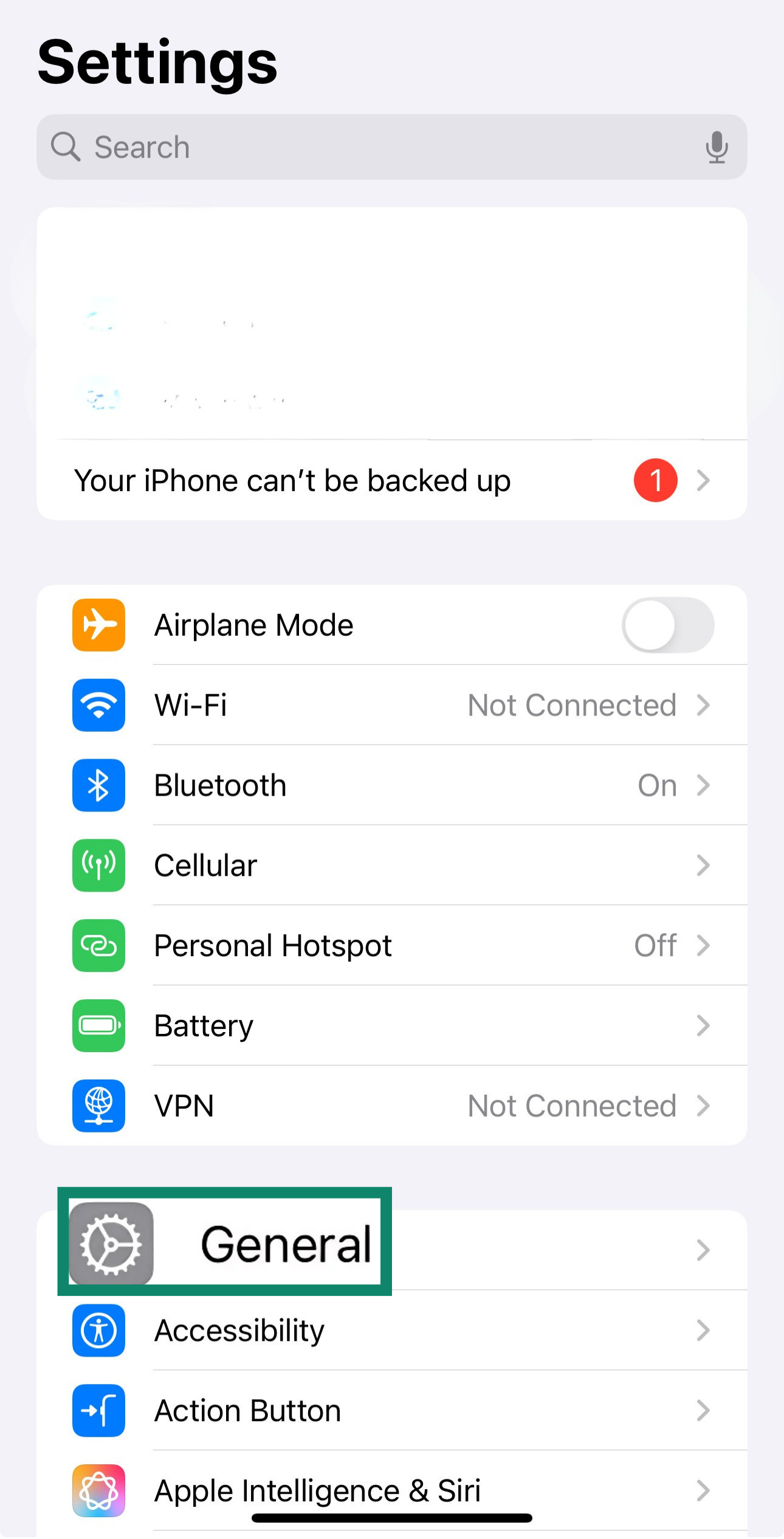 An iPhone's General option in the Settings menu.