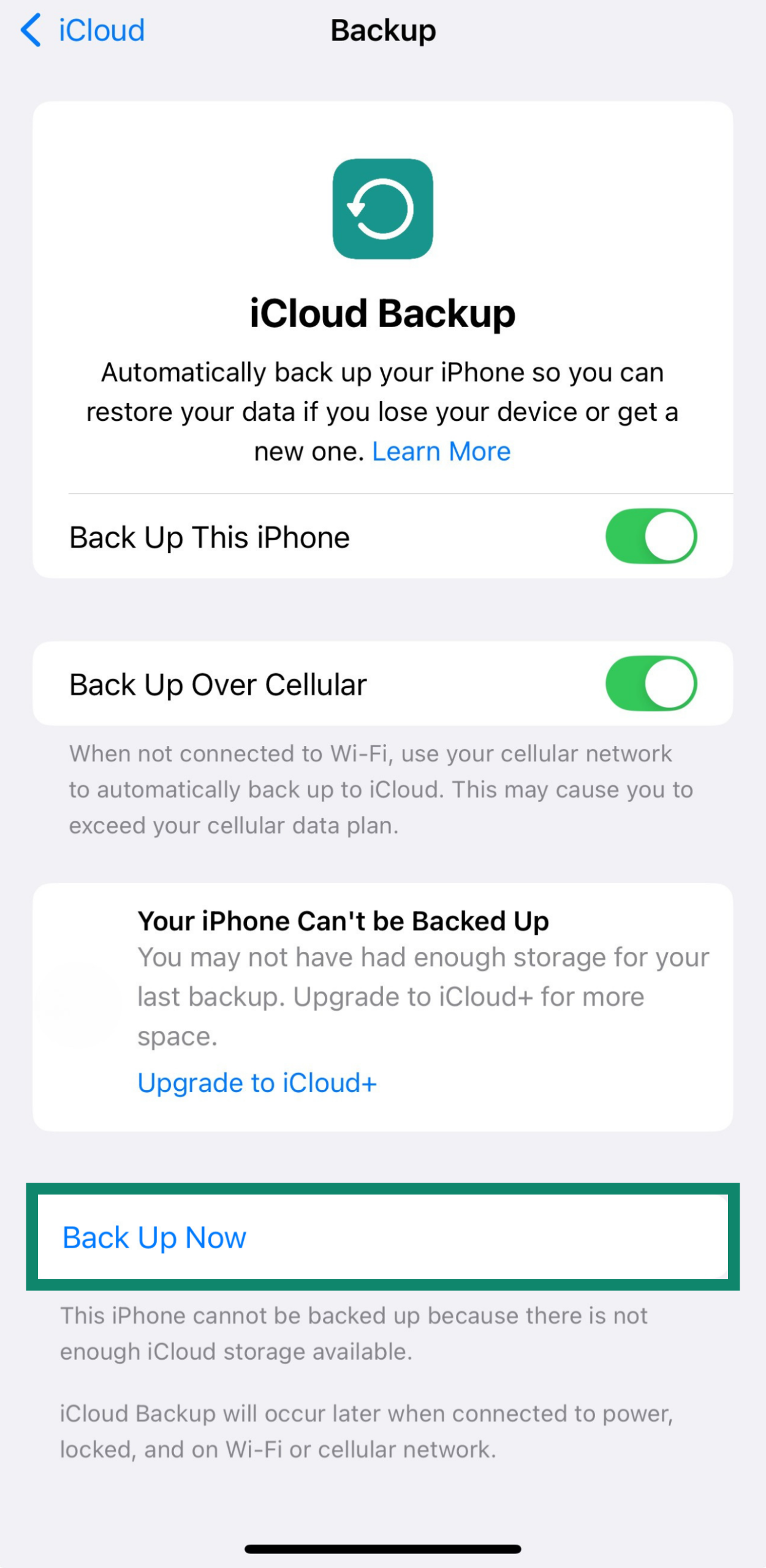 iCloud Backup section in iPhone settings with "Back Up Now" button highlighted.