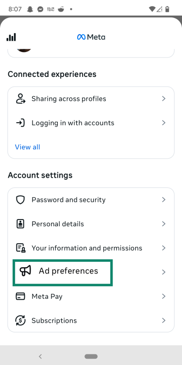 Choosing Ad preferences from Meta Account Center.
