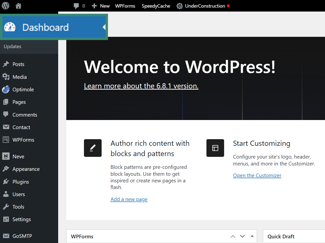 The main dashboard of a WordPress admin area with the dashboard button highlighted.