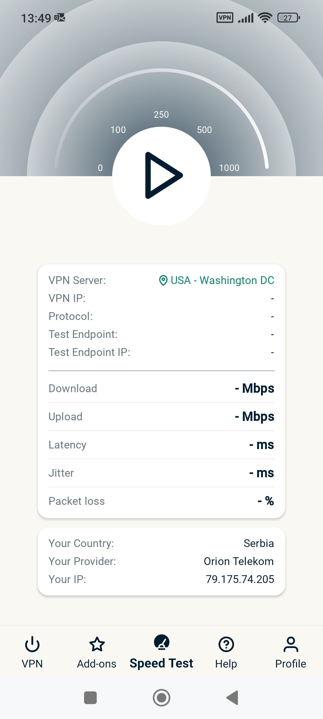 Play button to activate ExpressVPN mobile speed test.