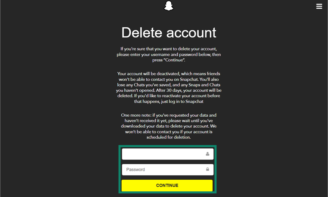 The Delete account page for Snapchat in a web browser.