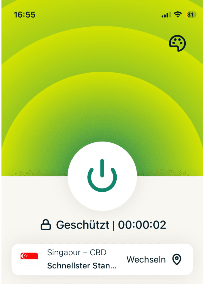 A screenshot of the ExpressVPN app, showing an active VPN connection.